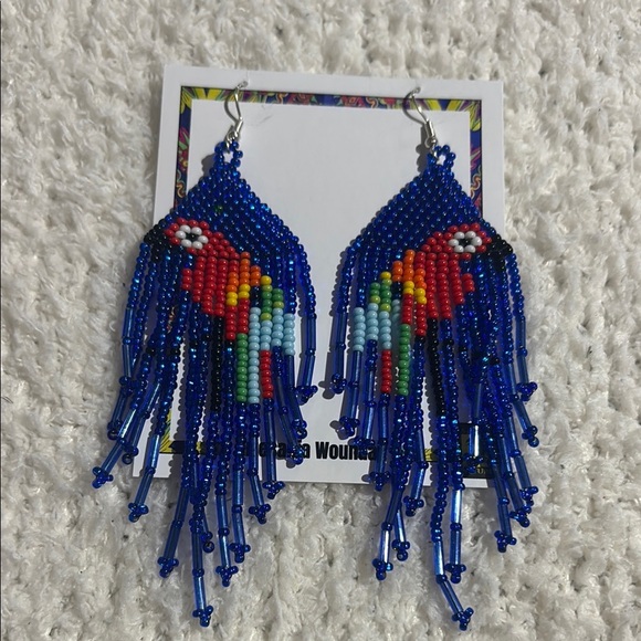 Blue and Red Beaded Fringe Earrings with Geometric Design - Picture 1 of 8